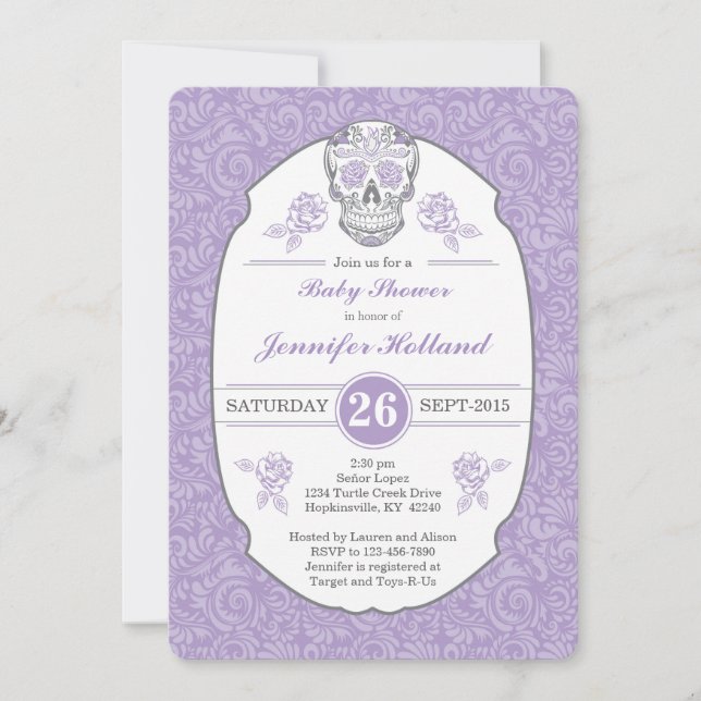 Purple Fancy Damask Skull Baby Shower Invitation (Front)
