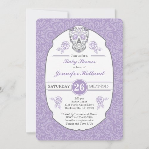 Purple Fancy Damask Skull Baby Shower Invitation