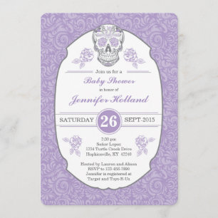 Purple Fancy Damask Skull Baby Shower Invitation