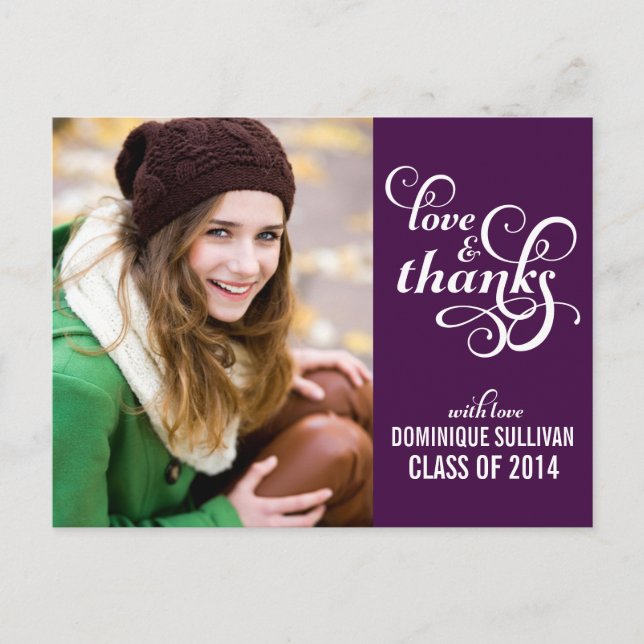 Purple Fancy Script Graduation Thank You Postcard (Front)