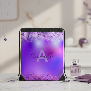 Purple Fancy Stylish Glam Glitter Monogram Name Drawstring Bag