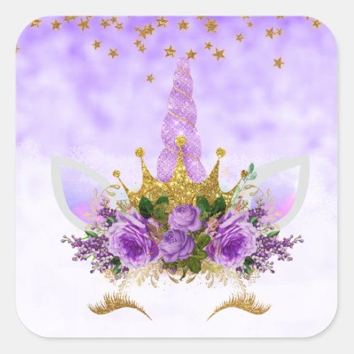 Purple Fantasy and Golden Stars Unicorn Square Sticker