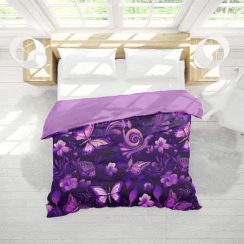 Purple Fantasy Butterflies Blooms Floral Bedding Duvet Cover