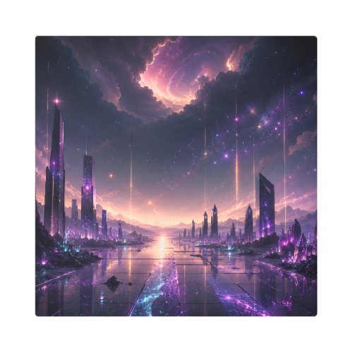 Purple Fantasy Cityscape Wall Art Dark Sci-Fi Metal Print