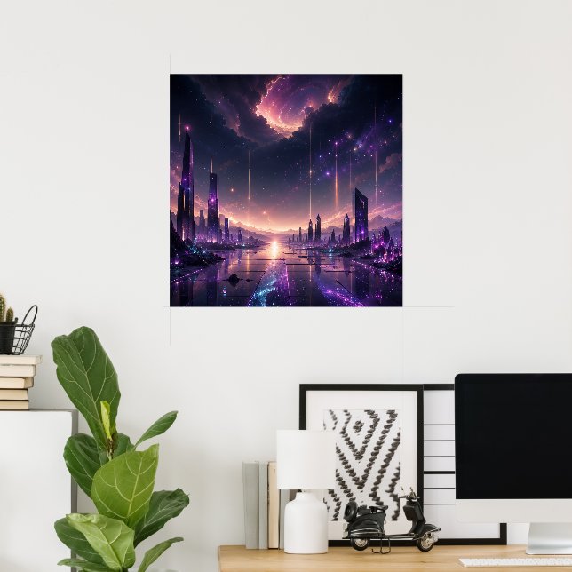 Purple Fantasy Cityscape Wall Art Dark Sci-Fi Poster (Home Office)