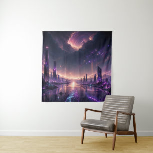 Purple Fantasy Cityscape Wall Art Dark Sci-Fi Tapestry