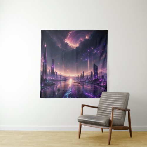 Purple Fantasy Cityscape Wall Art Dark Sci-Fi Tapestry