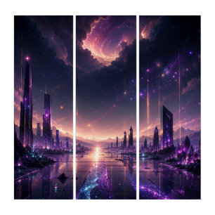 Purple Fantasy Cityscape Wall Art Dark Sci-Fi Triptych