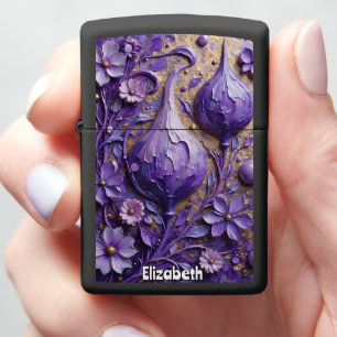Purple Fantasy Flowers with Gold Texture Zippo Lighter