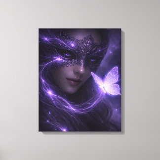 Purple Fantasy Mask Woman with Glowing Butterfly Canvas Print