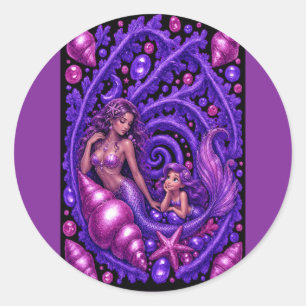 Purple Fantasy Mermaid Duo Ocean Dream Art Poster Classic Round Sticker