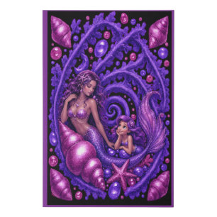 Purple Fantasy Mermaid Duo Ocean Dream Art Poster Faux Canvas Print