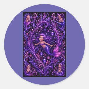 Purple Fantasy Mermaid Glitter Ocean Art Magical Classic Round Sticker