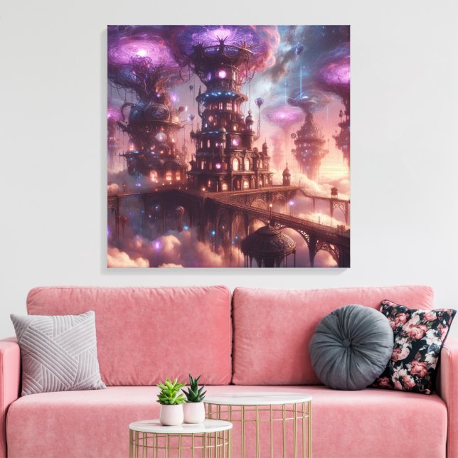 Purple Fantasy Steampunk City Canvas Print (Insitu(LivingRoom))