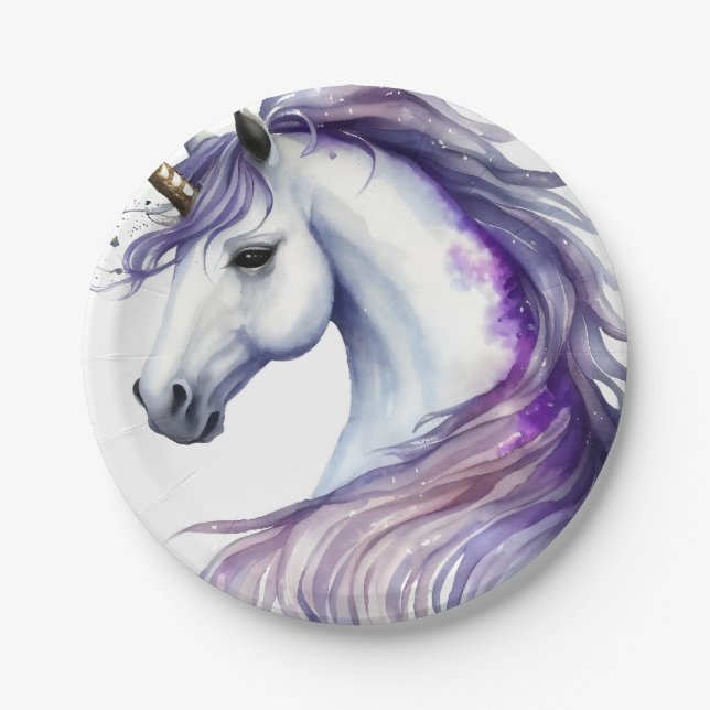 Purple Fantasy Unicorn Birthday Party Paper Plates (Front)