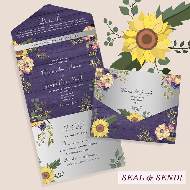 Purple Farmhouse Rustic Sunflower Wedding All In One Invitation (Creator Uploaded)