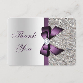 Purple Faux Bow Silver Sequins Diamond Thank You Card
