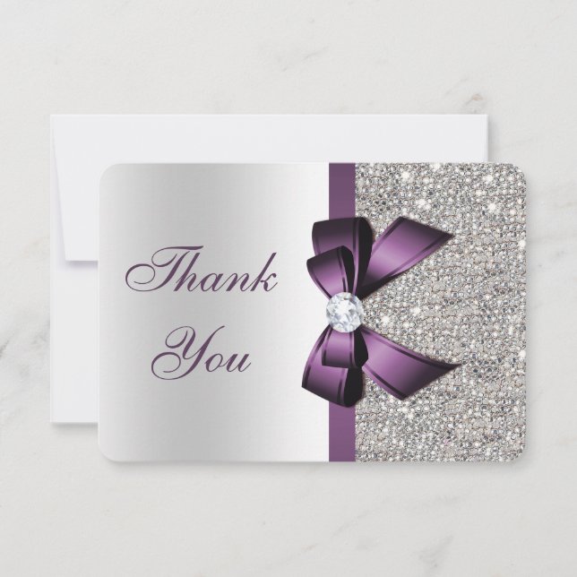 Purple Faux Bow Silver Sequins Diamond Thank You Card (Front)