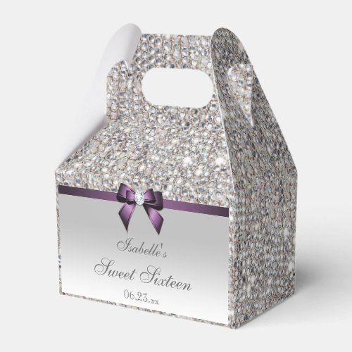 Purple Faux Bow Silver Sequins Sweet 16 Favor Boxes