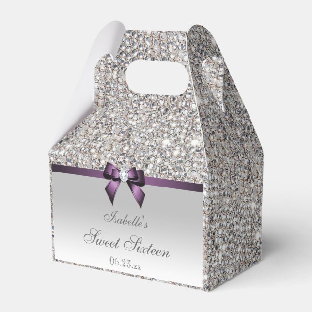 Purple Faux Bow Silver Sequins Sweet 16 Favor Boxes (Front Side)