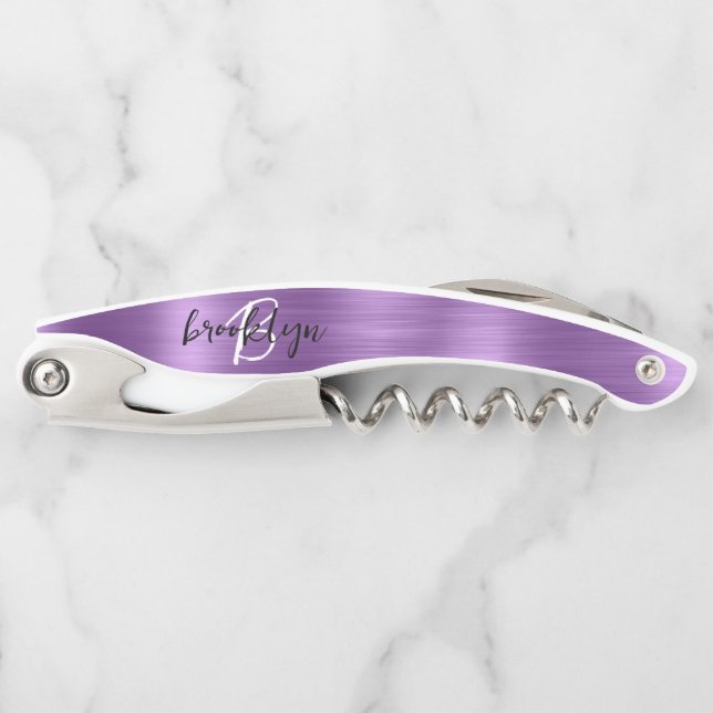 Purple Faux Brushed Metal Monogram Script Waiter's Corkscrew (Front)