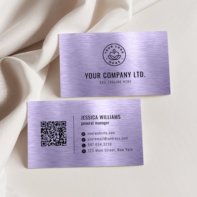Purple Faux Brushed Metal Professional QR Code Business Card (Creator Uploaded)