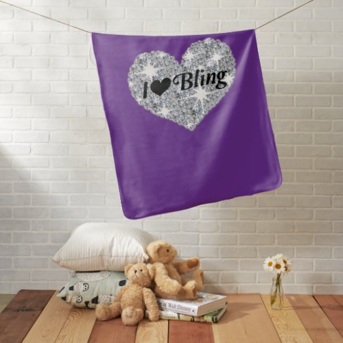 Purple faux diamond heart I Love Bling design Baby Blanket