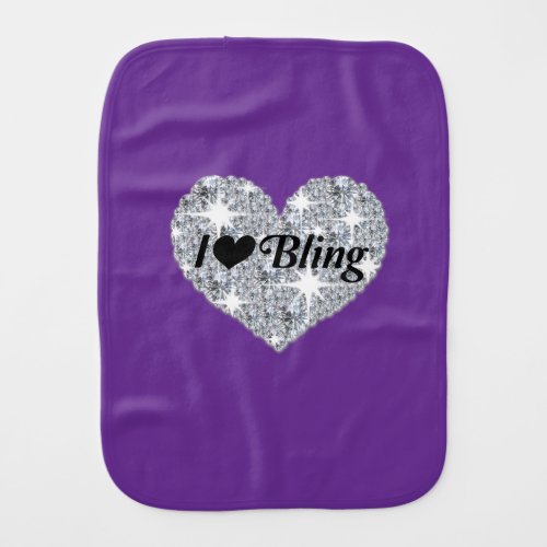Purple faux diamond heart I Love Bling design Baby Burp Cloth