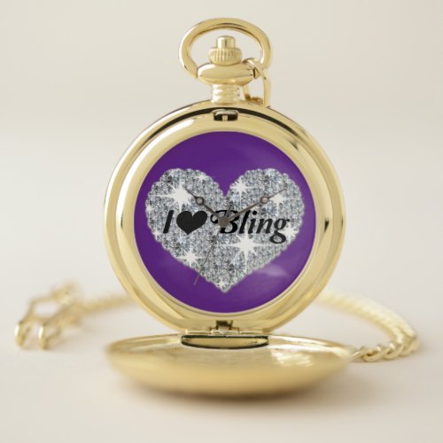 Purple  Faux diamond heart I Love Bling design Wat Pocket Watch