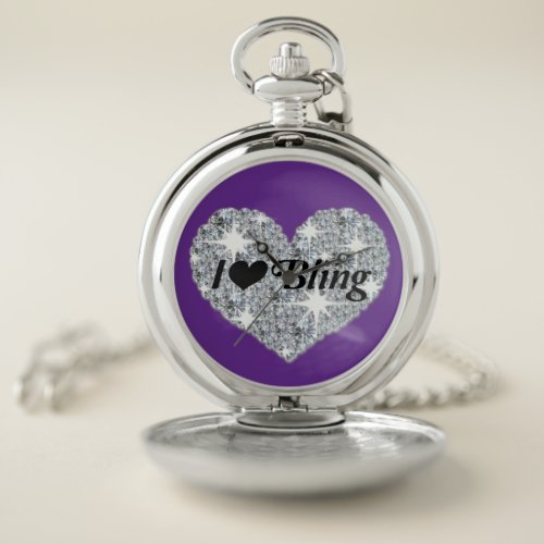 Purple  Faux diamond heart I Love Bling design Wat Pocket Watch