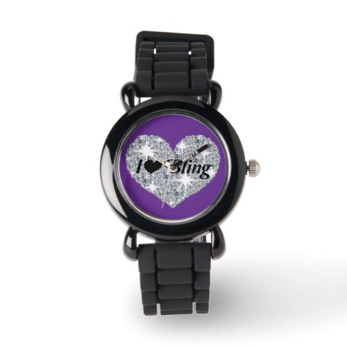 Purple  Faux diamond heart I Love Bling design Wat Watch