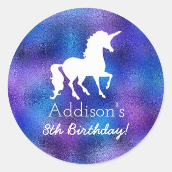 Purple Faux Foil Unicorn Silhouette Girls Birthday Classic Round Sticker by LilPartyPlanners at Zazzle