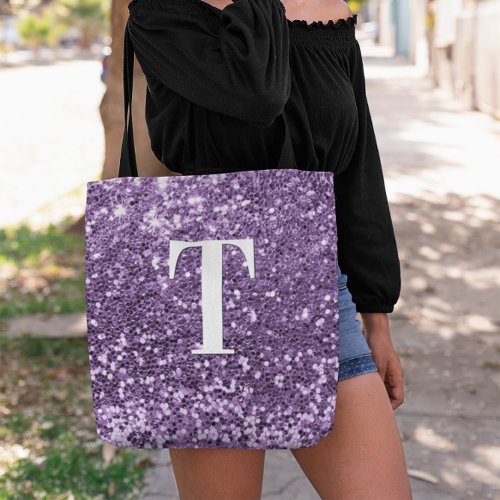 Purple Faux Glitter Bokeh Sparkles Monogrammed Tote Bag