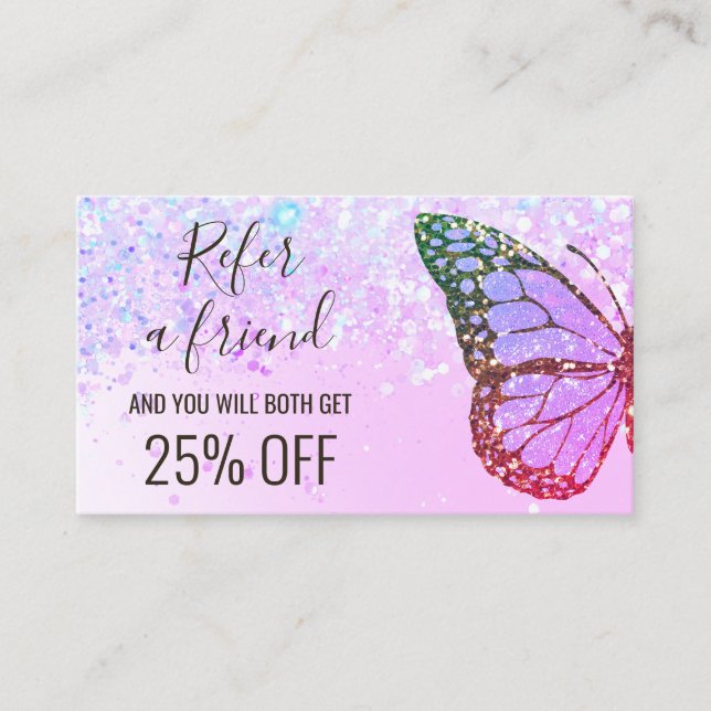  purple faux glitter butterfly refer a friend business card (Front)