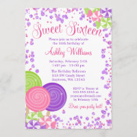 Purple Faux Glitter Candy Theme Sweet 16 Invitation