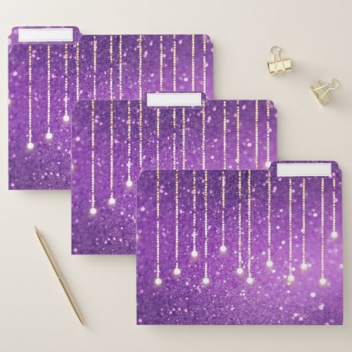 Purple faux glitter chic string lights sparkling file folder