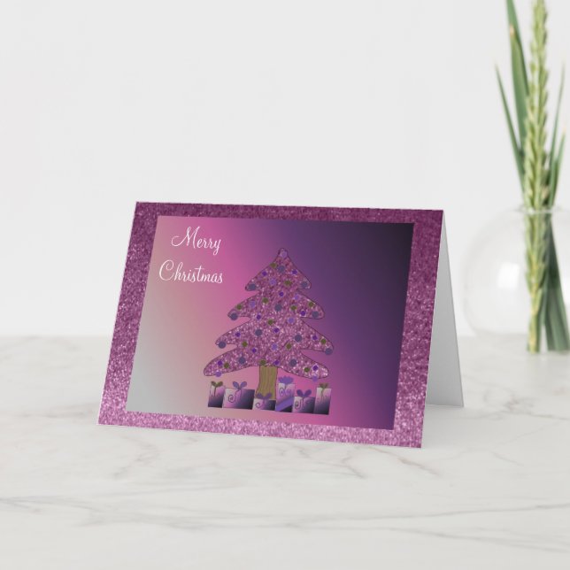 Purple Faux Glitter Christmas Tree Holiday Card (Front)