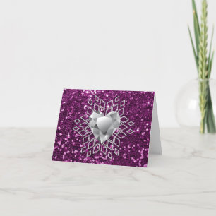 Purple Faux Glitter Diamond Heart Snowflake Holiday Card