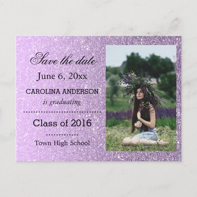 Purple Faux Glitter Graduate Photo Save The Date Announcement Postcard (Front)