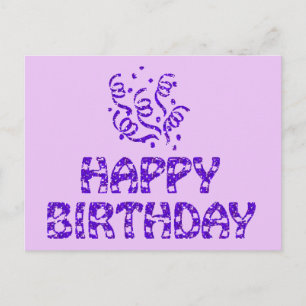 Purple Faux Glitter Happy Birthday and Streamers Postcard