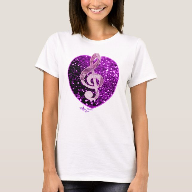 Purple Faux Glitter Heart French Music Treble Clef T-Shirt (Front)