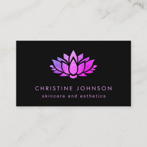 purple faux glitter lotus on black skincare business card