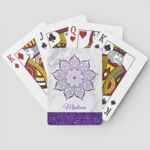 Purple Faux Glitter Mandala on Gray & White Marble Poker Cards