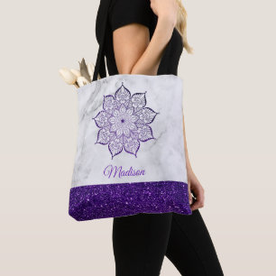 Purple Faux Glitter Mandala on Gray & White Marble Tote Bag