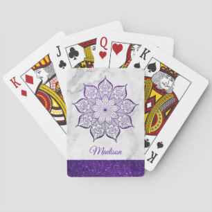 Purple Faux Glitter Mandala on White Marble Poker Cards