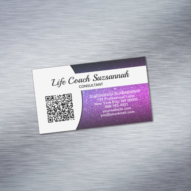 Purple Faux Glitter Ombre QR Code Professional Business Card Magnet (In Situ)