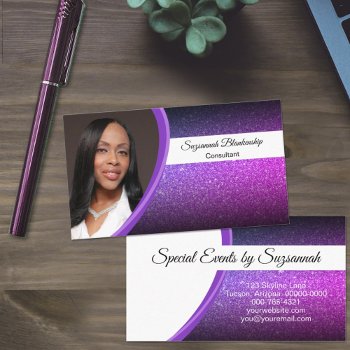 Purple Faux Glitter Professional Custom Photo  Business Card by PaPr_Emporium at Zazzle