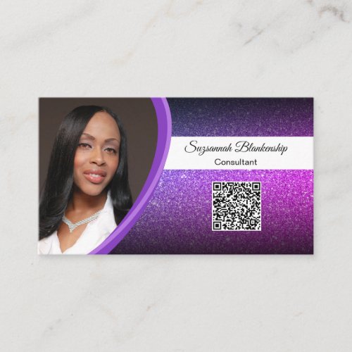 Purple Faux Glitter Professional Photo QR Code Business Card