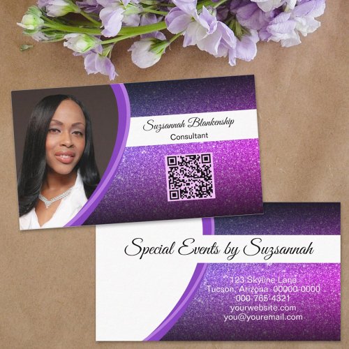 Purple Faux Glitter Professional Photo QR Code Business Card