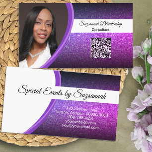 Purple Faux Glitter Professional Photo QR Code Business Card